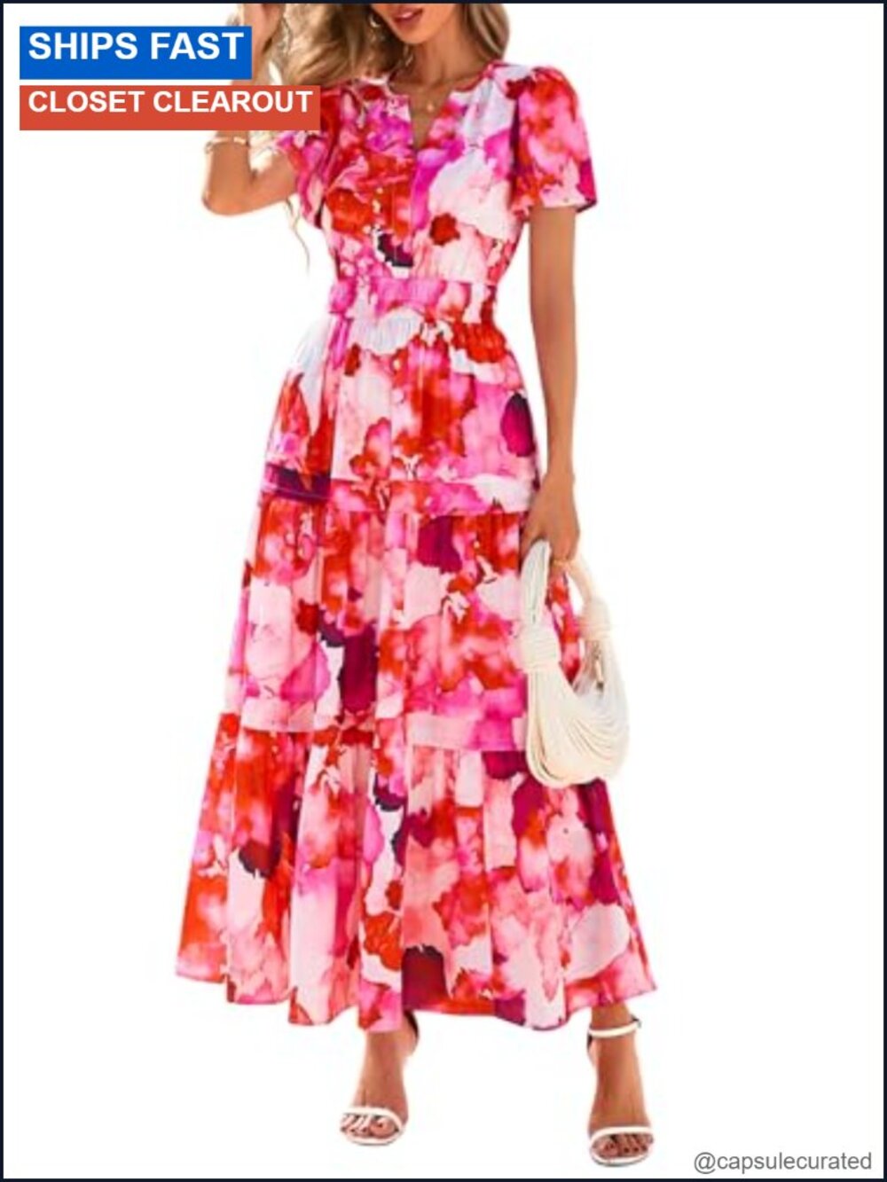 Women's Floral Boho Maxi Dress Tiered V Neck Pockets Summer Beach Vacation
